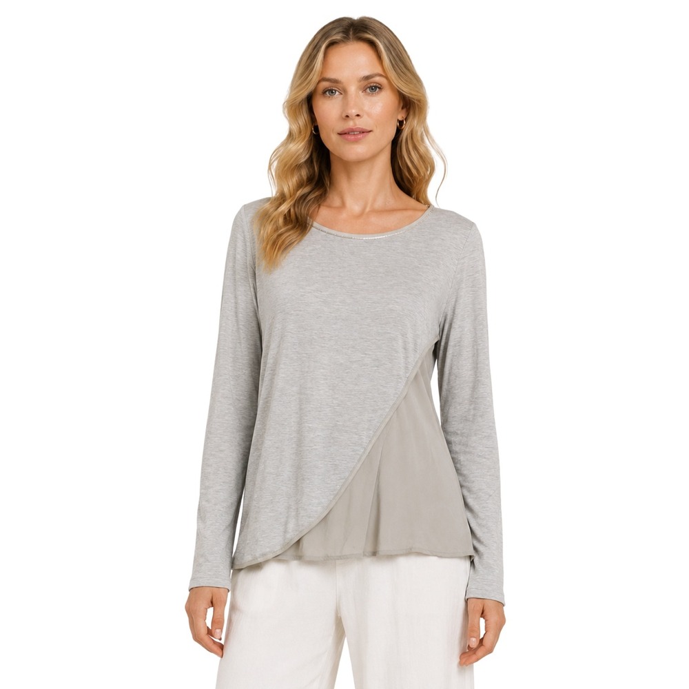 St. John Top Womens Large Gray Heather Asymmetrical Mixed Media Long Sleeve
